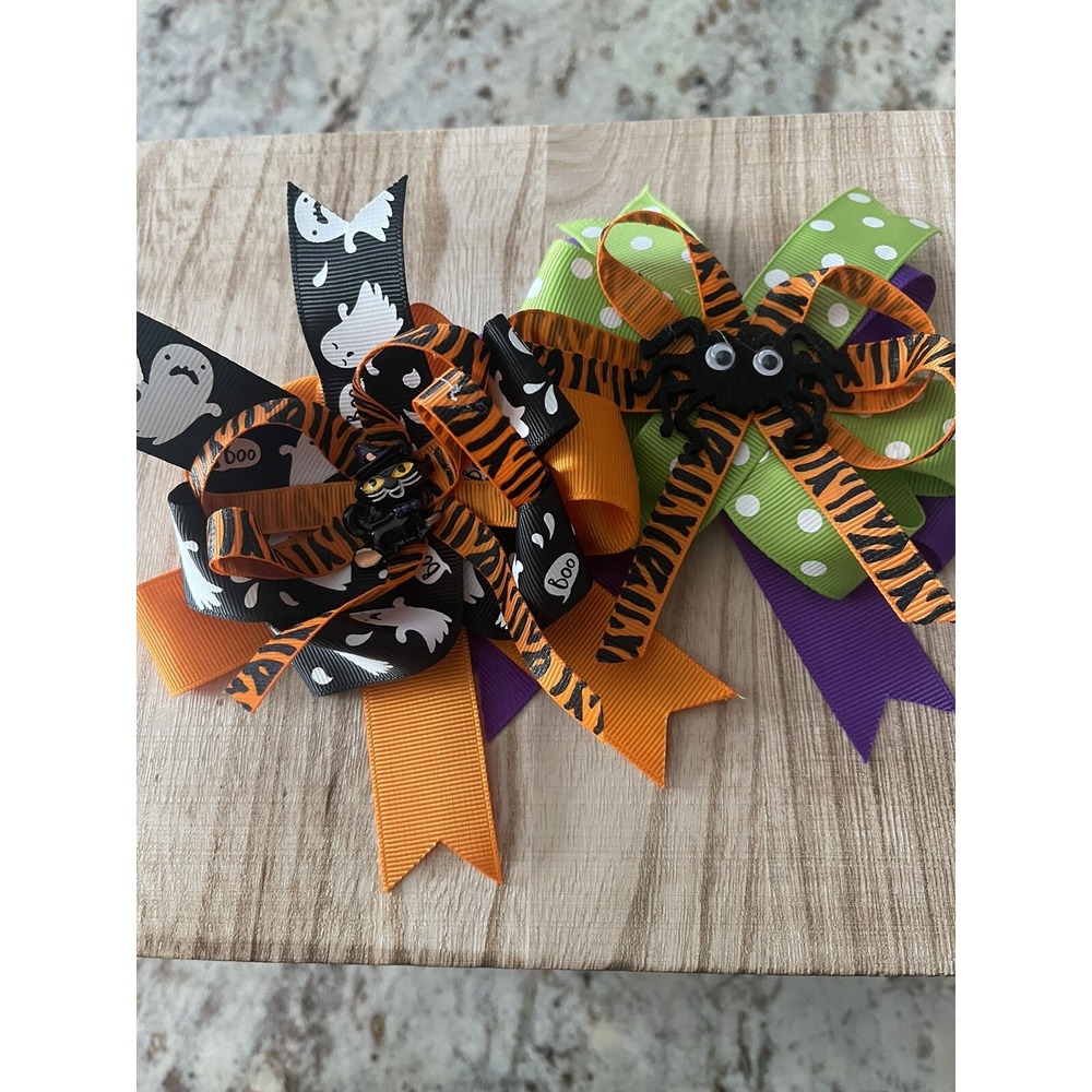 Halloween Girls Hair Bows 2 Total Black Cat & Spider No Tag - New - Picture 3 of 10